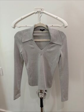 Express Light Gray V-Neck Collared Sweater
